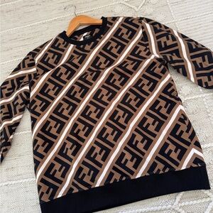 Men’s FENDI Authentic Logo Cotton Colorblock Sports Sweater Brown